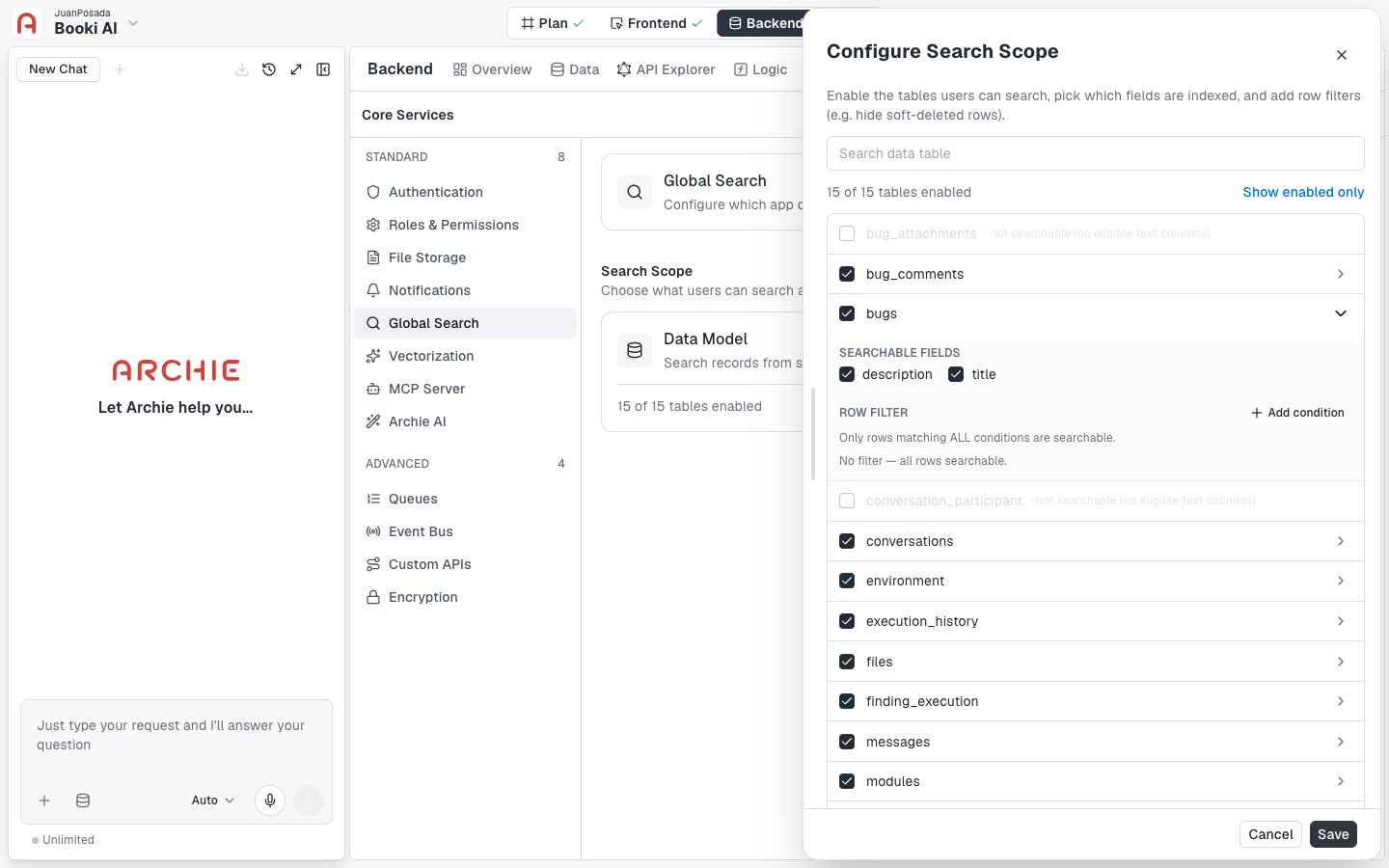 The bugs table expanded in the Configure Search Scope drawer, with description and title selected under Searchable fields and an empty Row filter section.