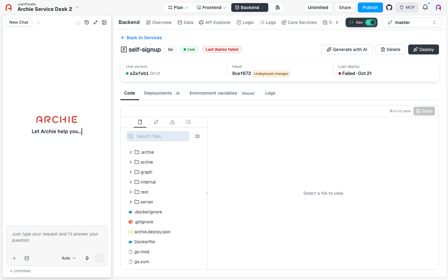 The self-signup service page with the header, the version bar, and the Code, Deployments, Environment variables, and Logs tabs.