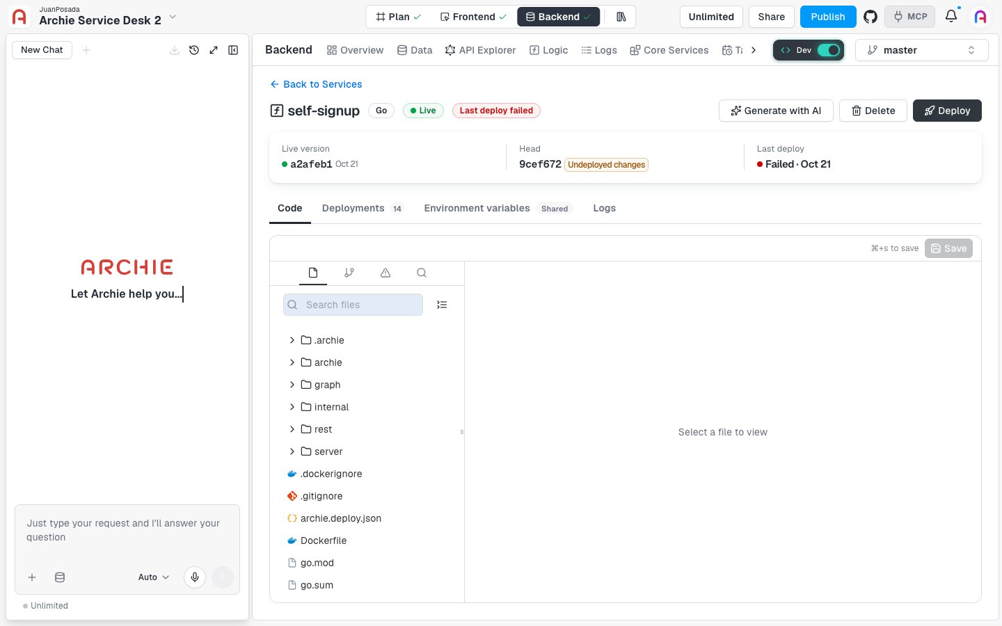The self-signup service page with the header, the version bar, and the Code, Deployments, Environment variables, and Logs tabs.