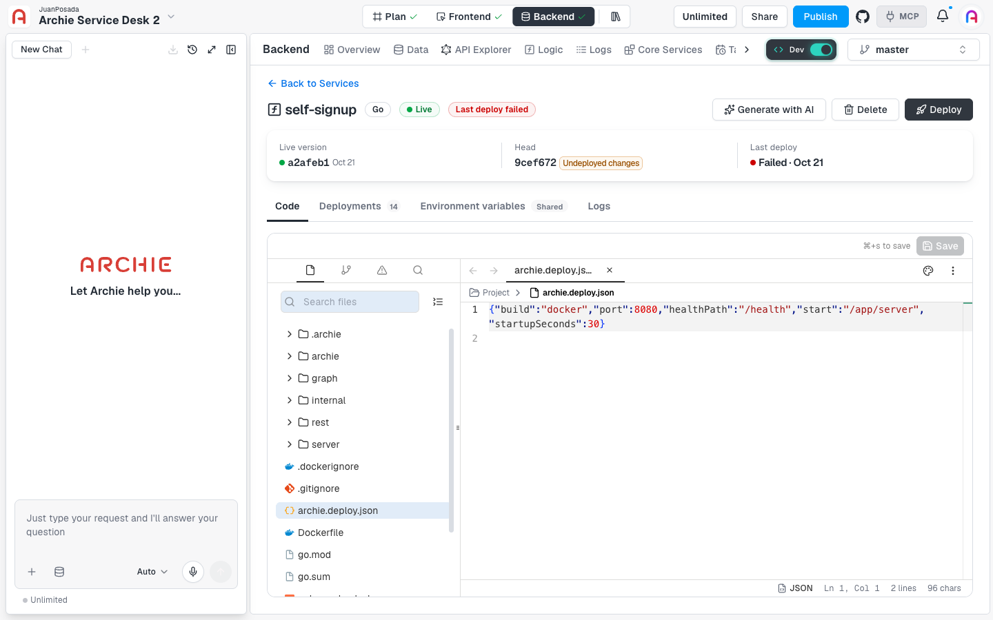 The Code tab with the file tree on the left and archie.deploy.json open in the editor.