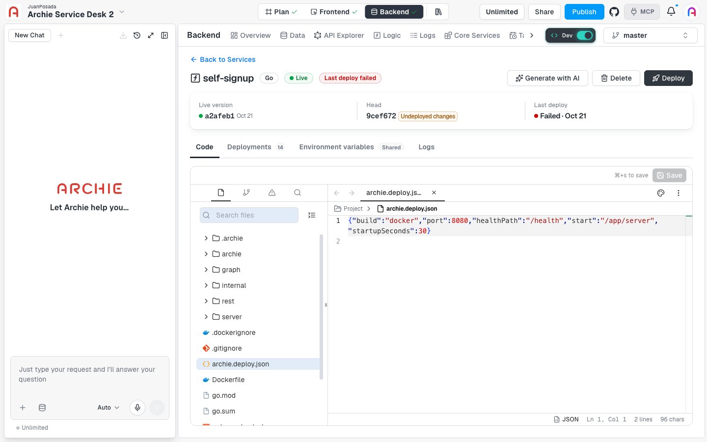 The Code tab with the file tree on the left and archie.deploy.json open in the editor.