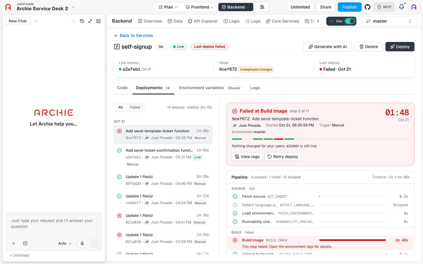 The Deployments tab with the deploy list on the left and a failed deploy open on the right, showing the failed step and the pipeline.