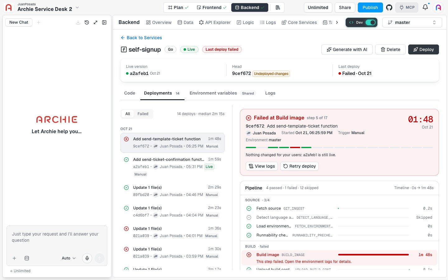 The Deployments tab with the deploy list on the left and a failed deploy open on the right, showing the failed step and the pipeline.