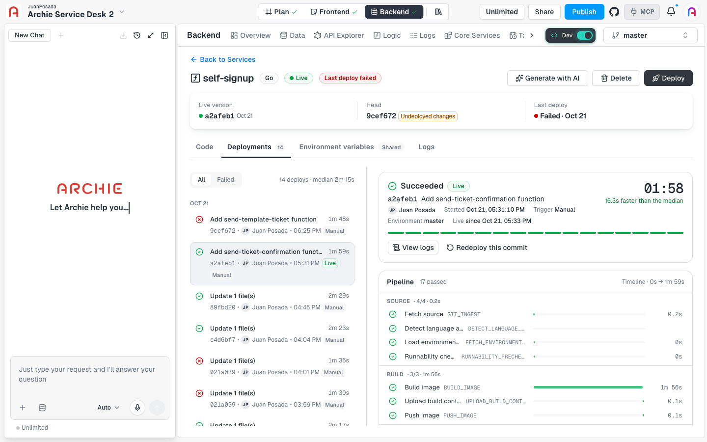 A successful deploy showing Succeeded and Live, the commit, the trigger, the environment, and the first stages of the pipeline.