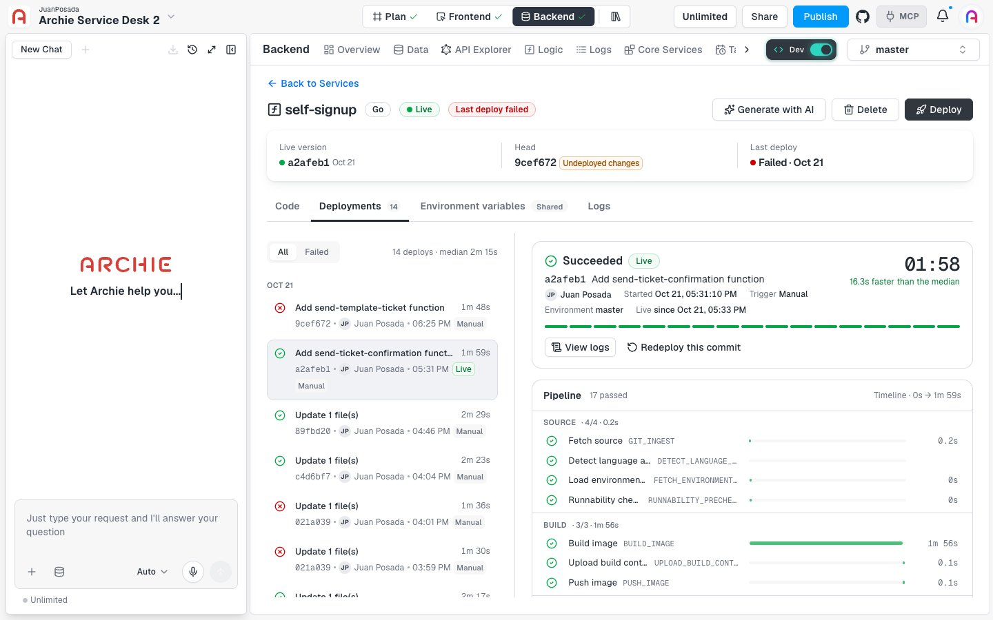 A successful deploy showing Succeeded and Live, the commit, the trigger, the environment, and the first stages of the pipeline.