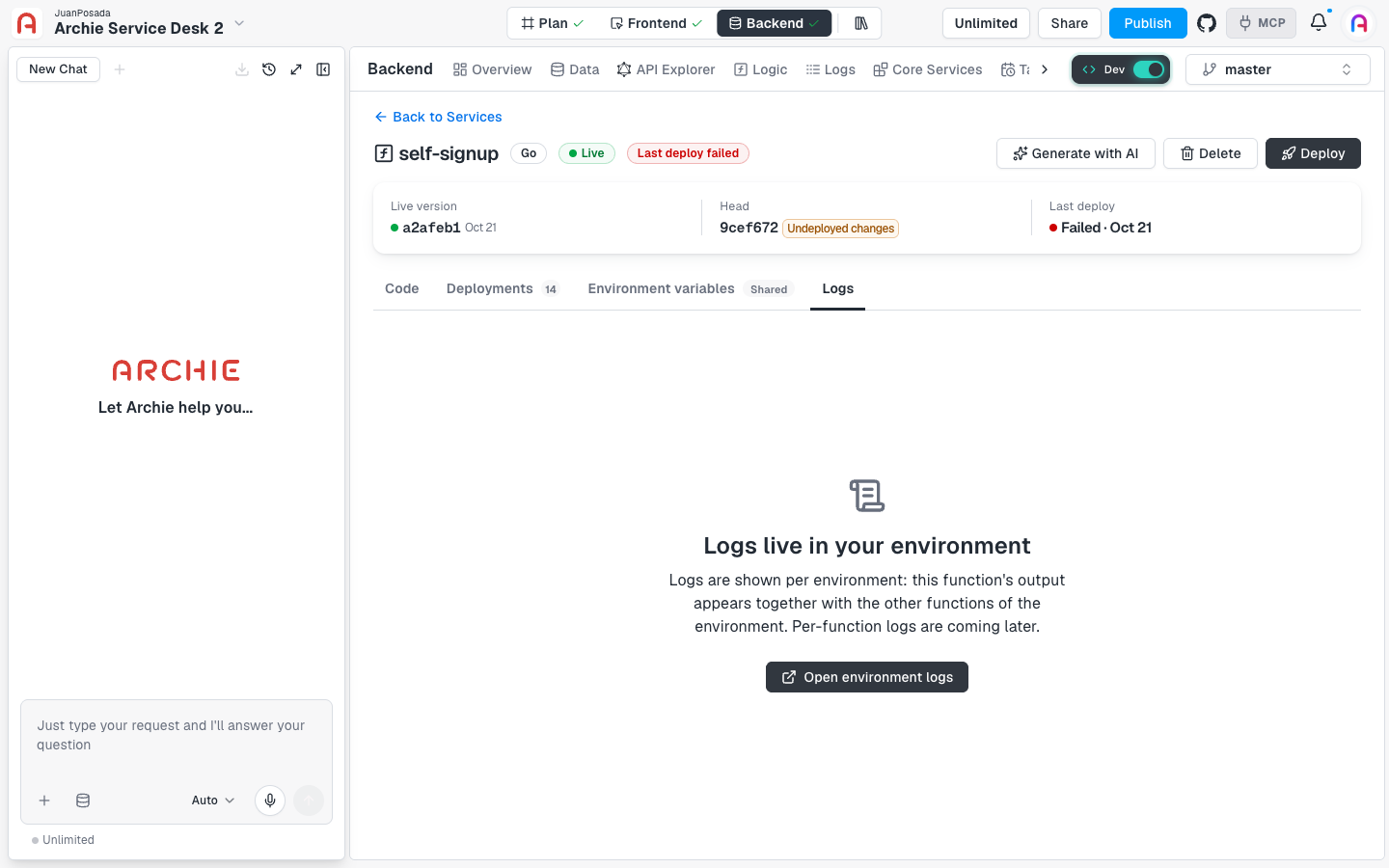 The Logs tab reading "Logs live in your environment" with an Open environment logs button.