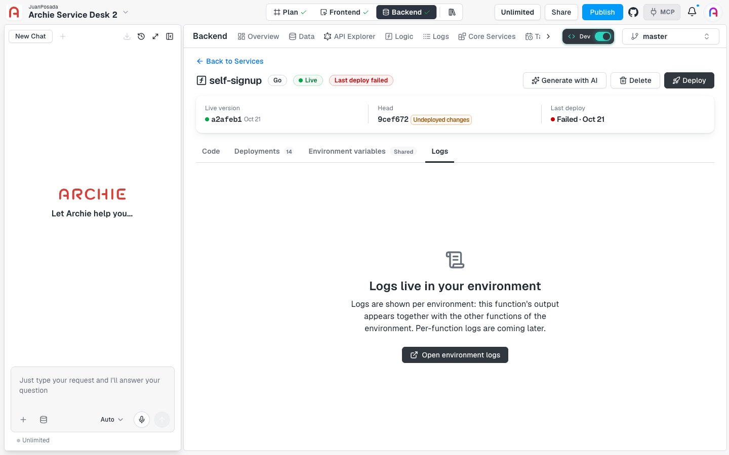 The Logs tab reading "Logs live in your environment" with an Open environment logs button.
