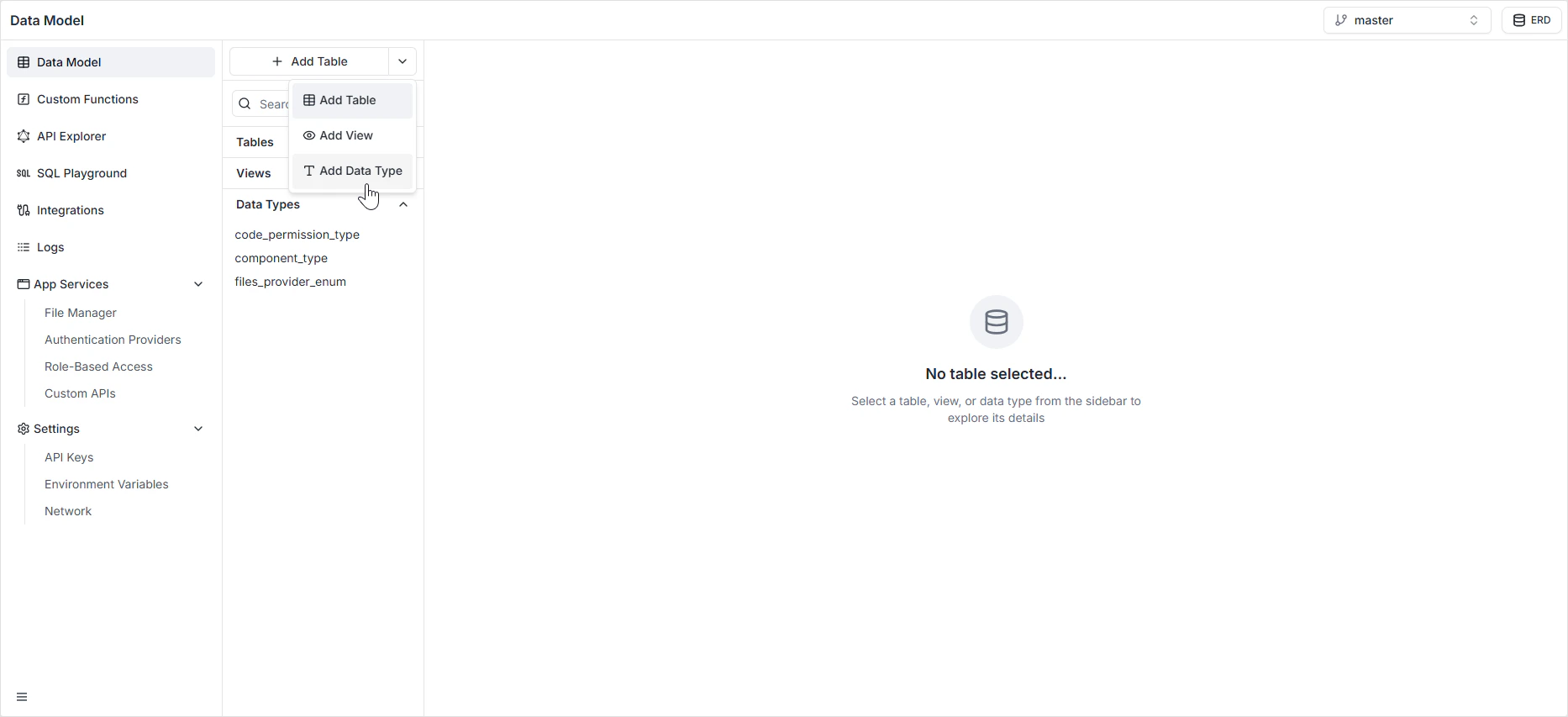 Add Data Type button and modal