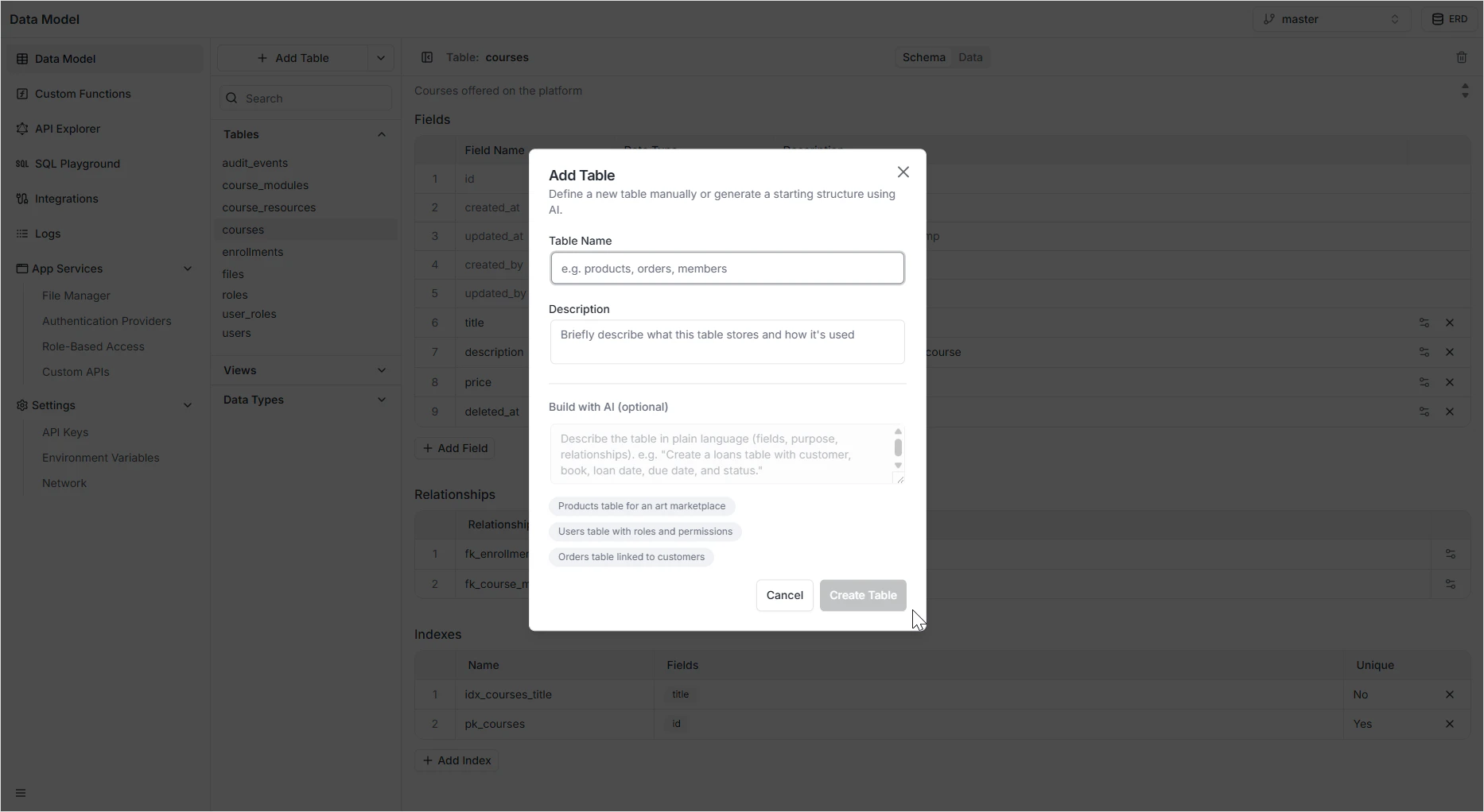 Add Table modal dialog
