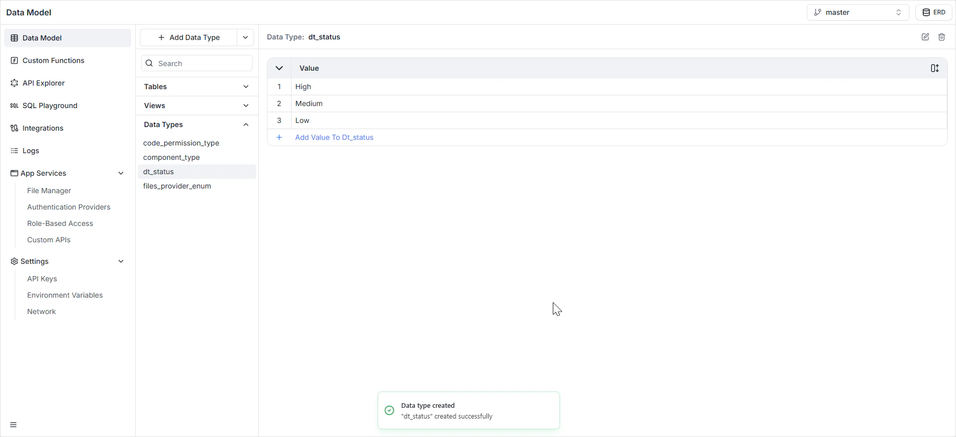 Data Type enum values configuration