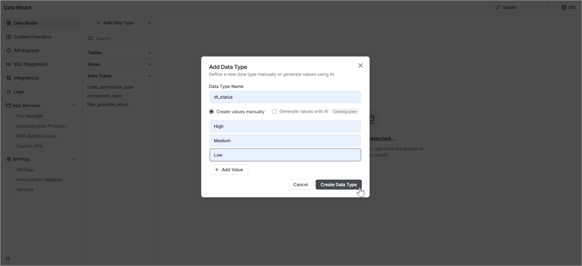 Data Type sidebar listing