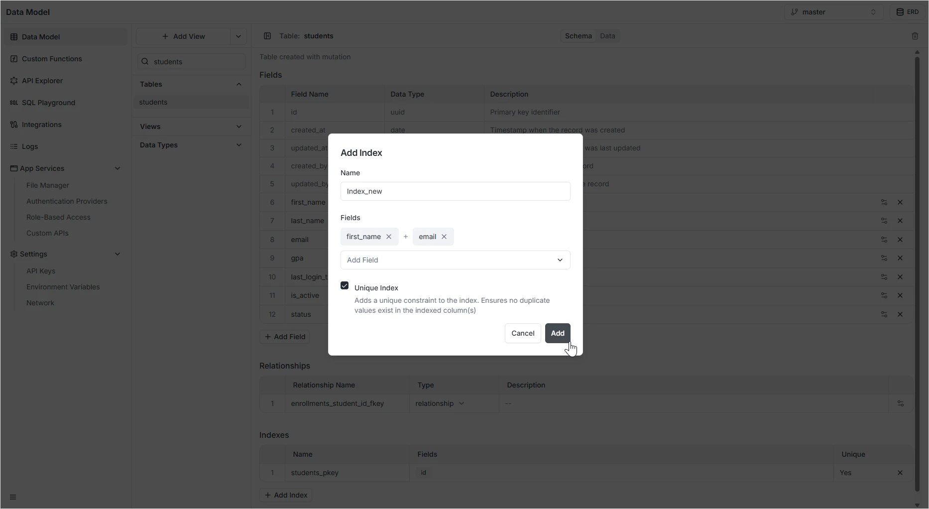 Index configuration dialog
