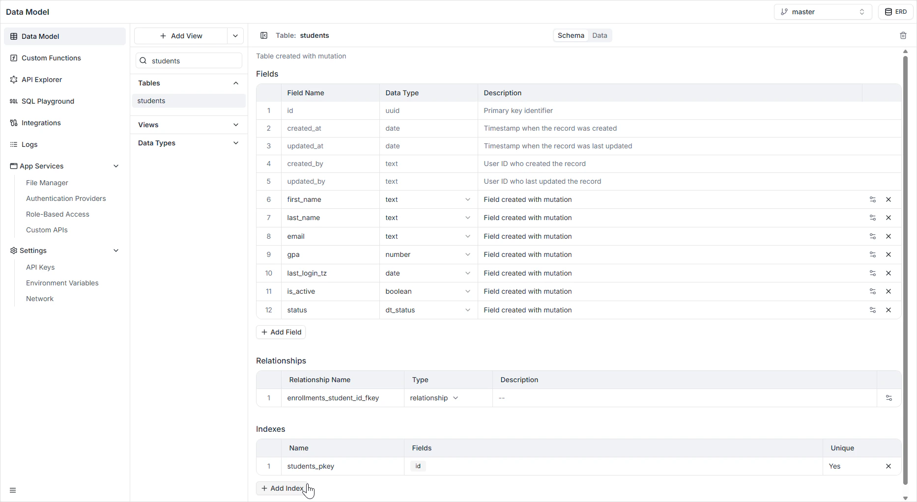 Table indexes panel