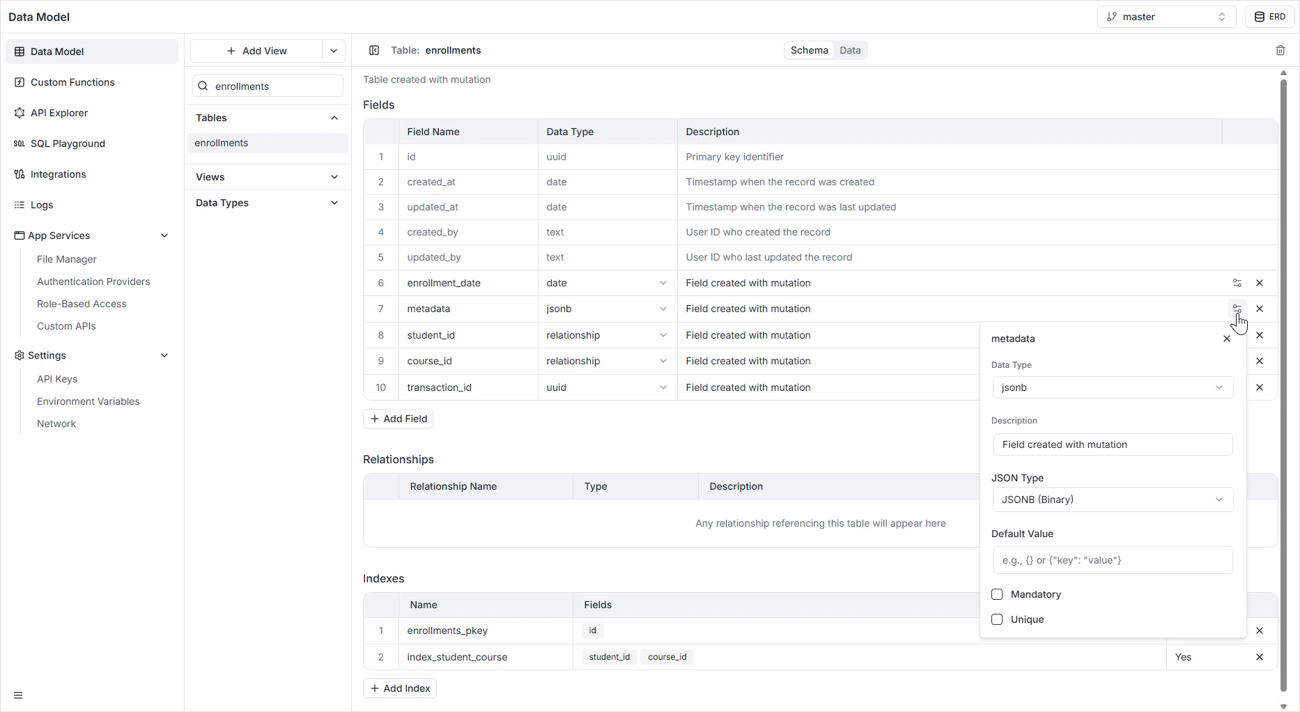 JSONB field type configuration