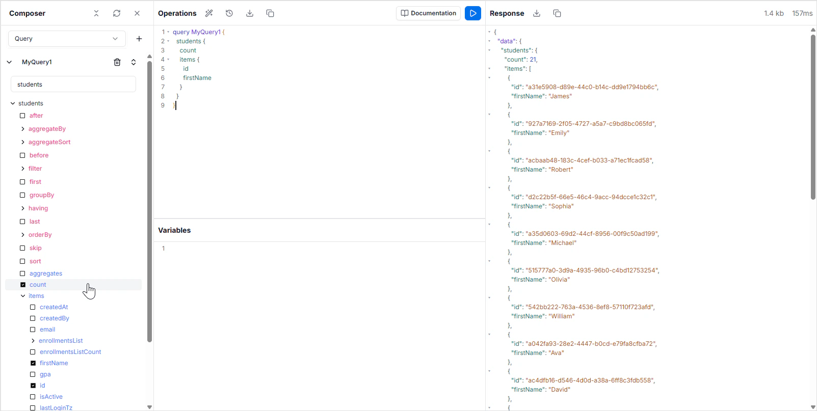 API Explorer Composer with query results