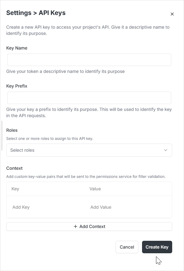 API Key details and permissions