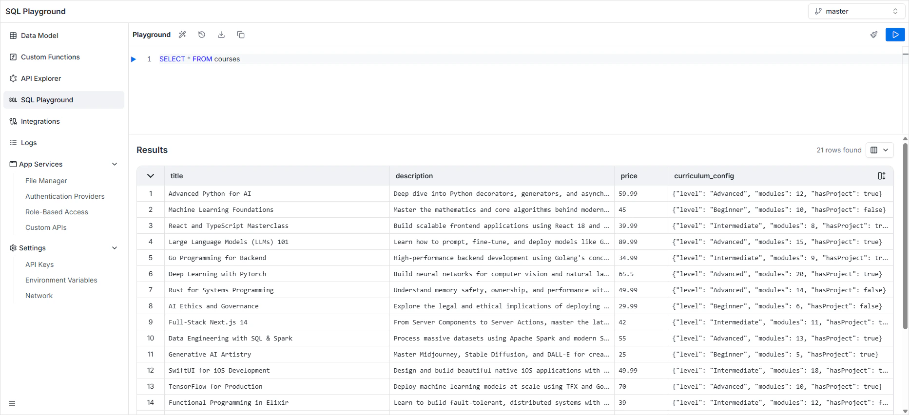 SQL Playground Results panel with data grid and column visibility