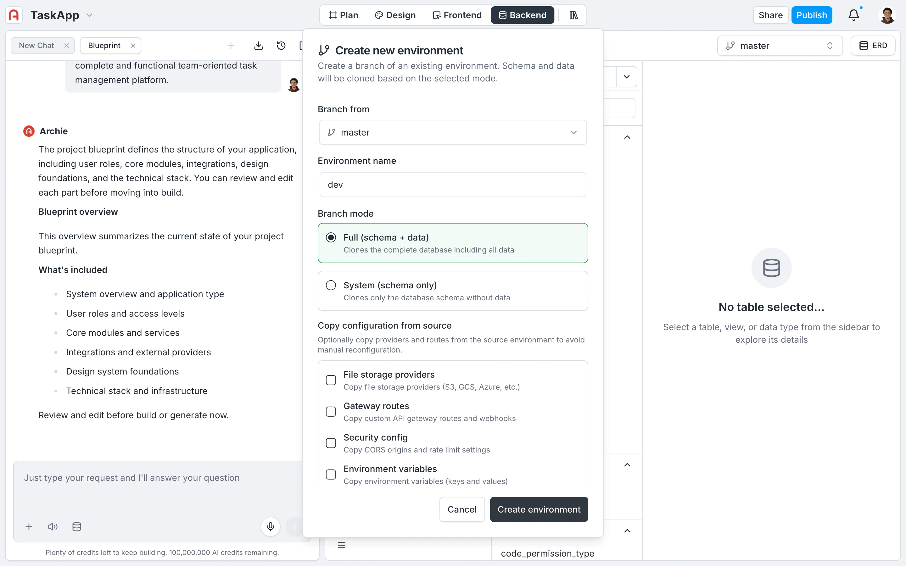 Create new environment modal with branch mode and copy options