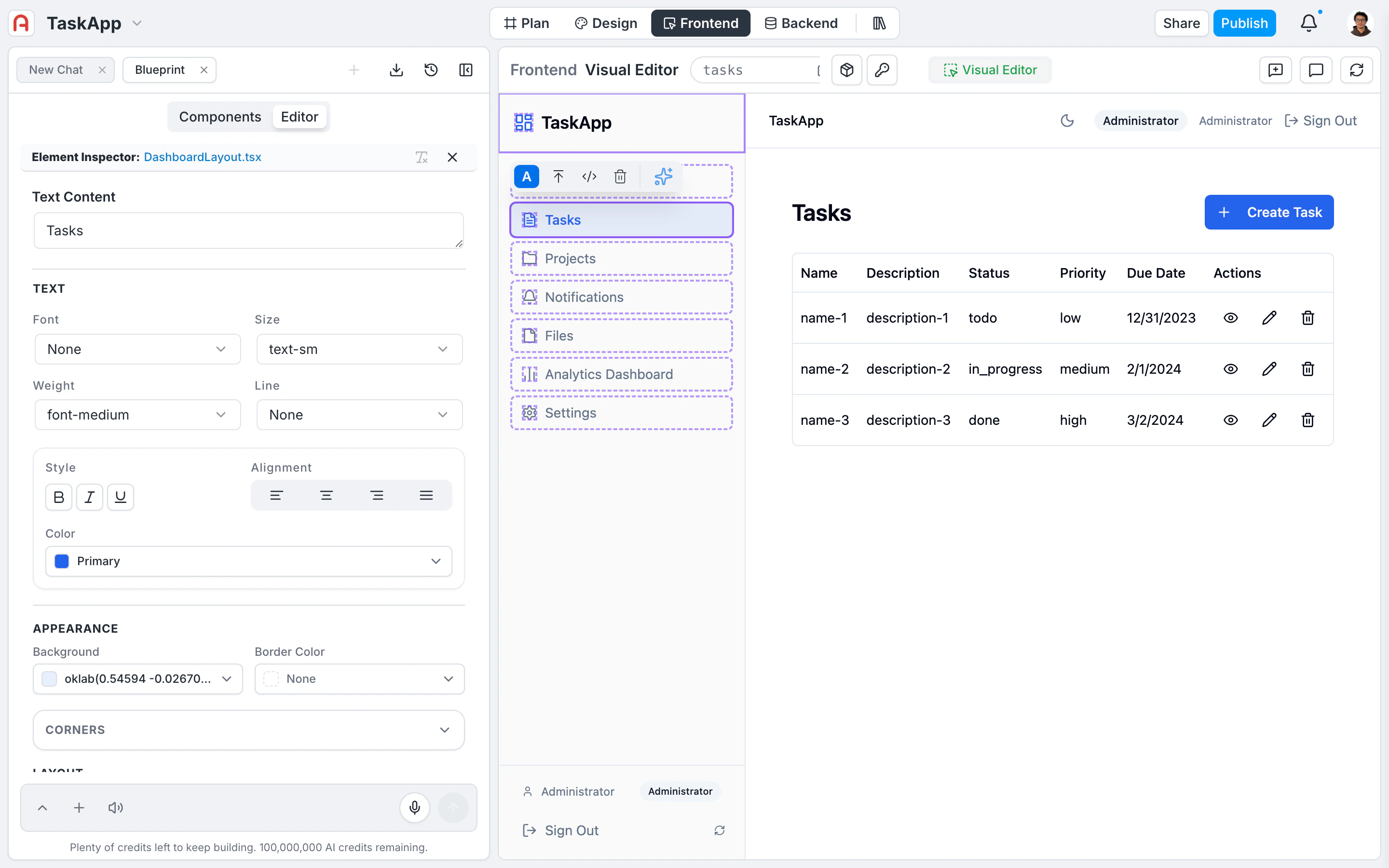 Visual editor with an element selected and the inspector panel