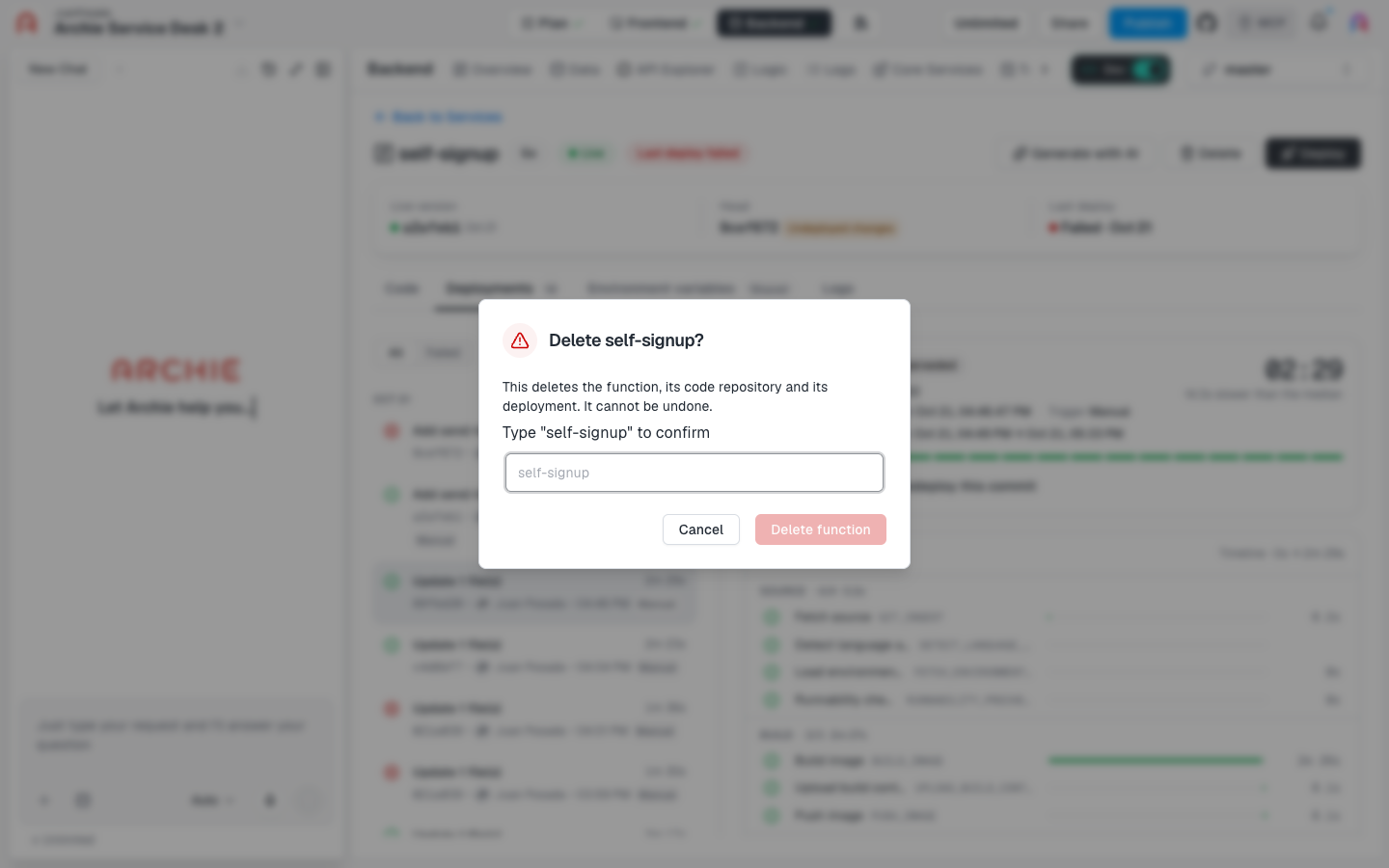 The delete confirmation dialog asking you to type self-signup to confirm.