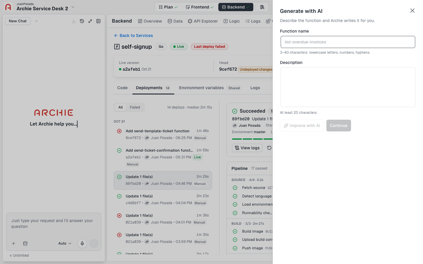 The Generate with AI panel with Function name and Description fields, an Improve with AI button, and a Continue button.