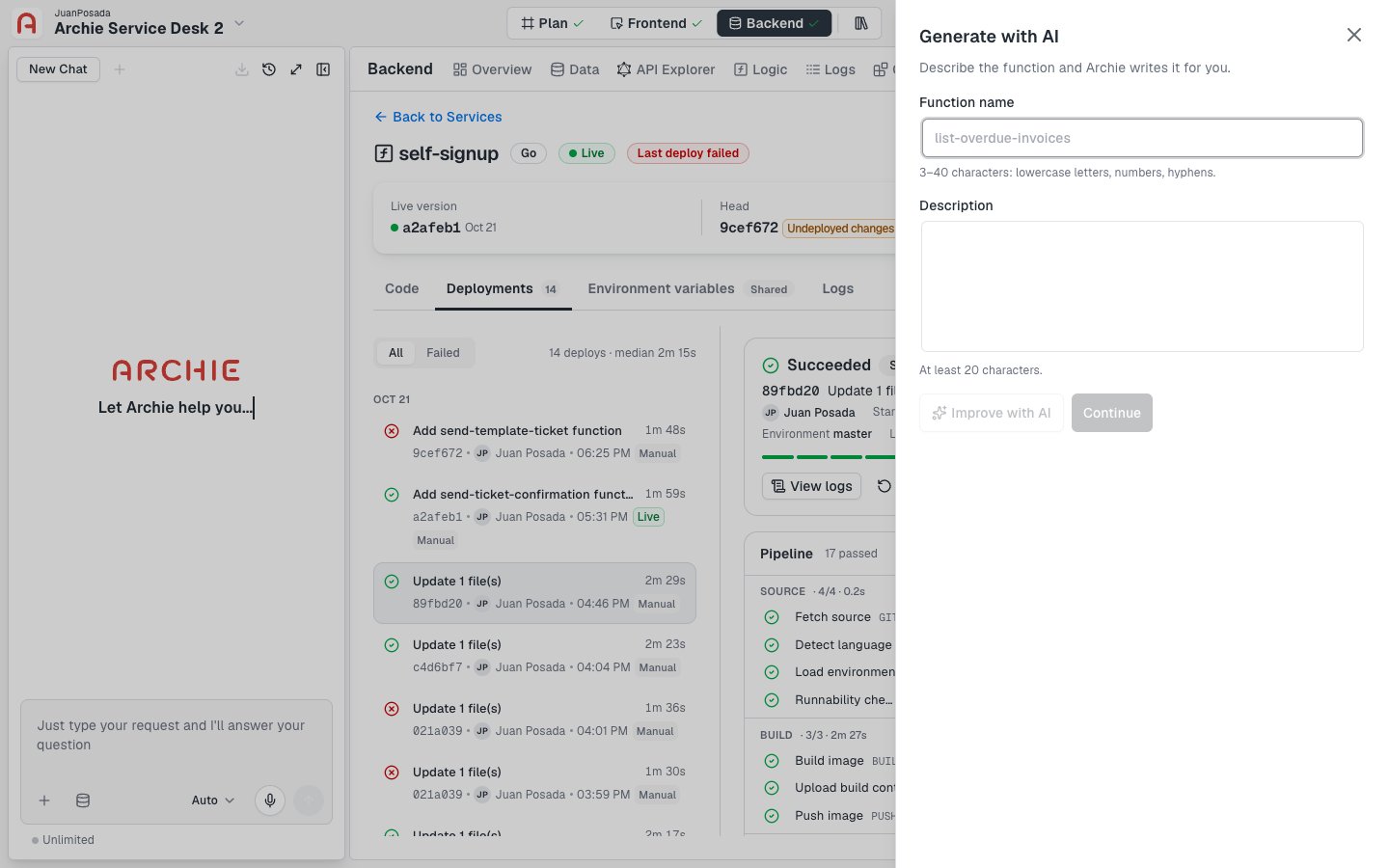 The Generate with AI panel with Function name and Description fields, an Improve with AI button, and a Continue button.
