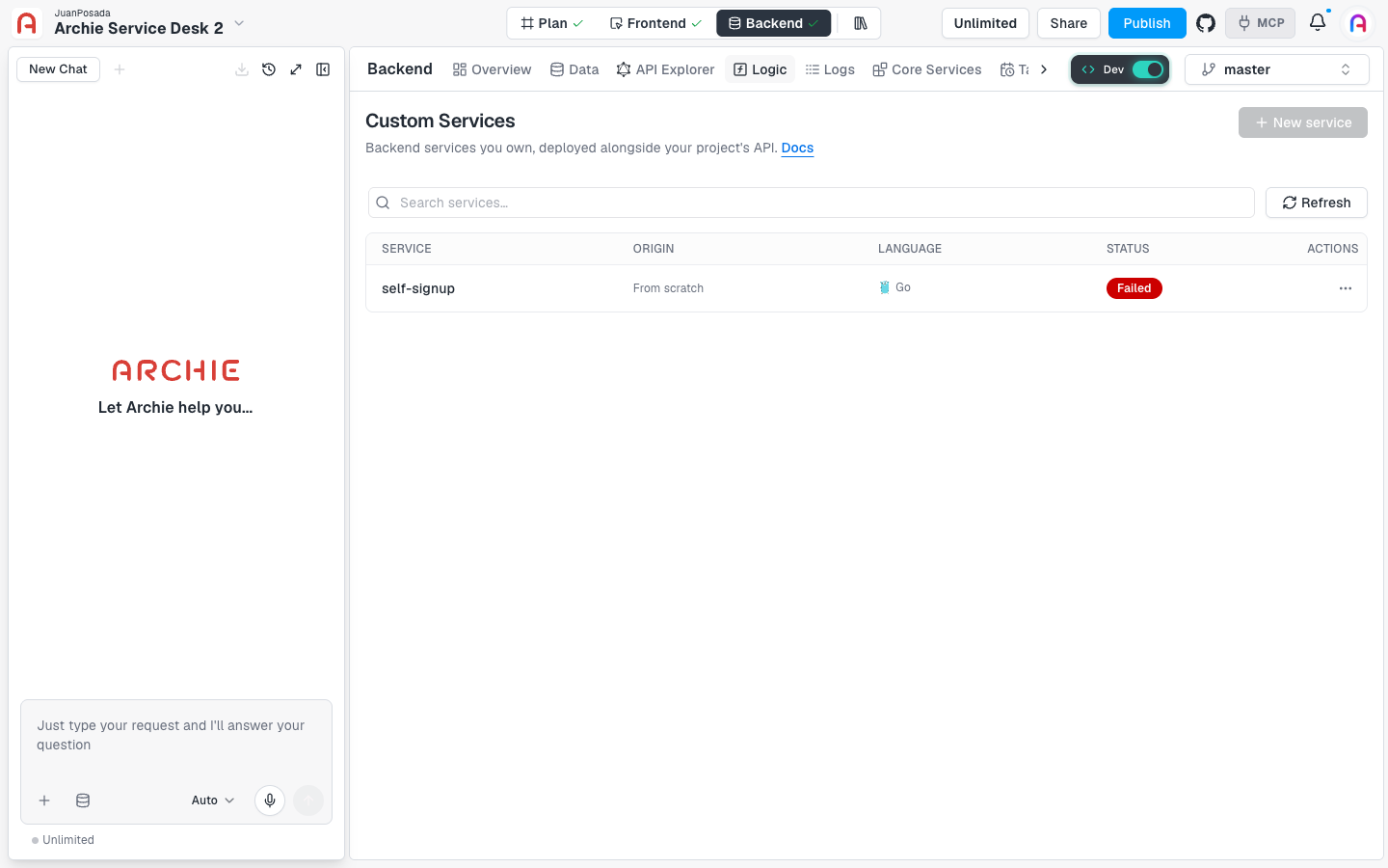 The Custom Services list with one service and its origin, language, and status.