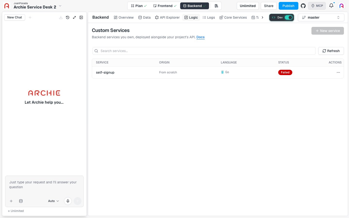The Custom Services list with one service and its origin, language, and status.