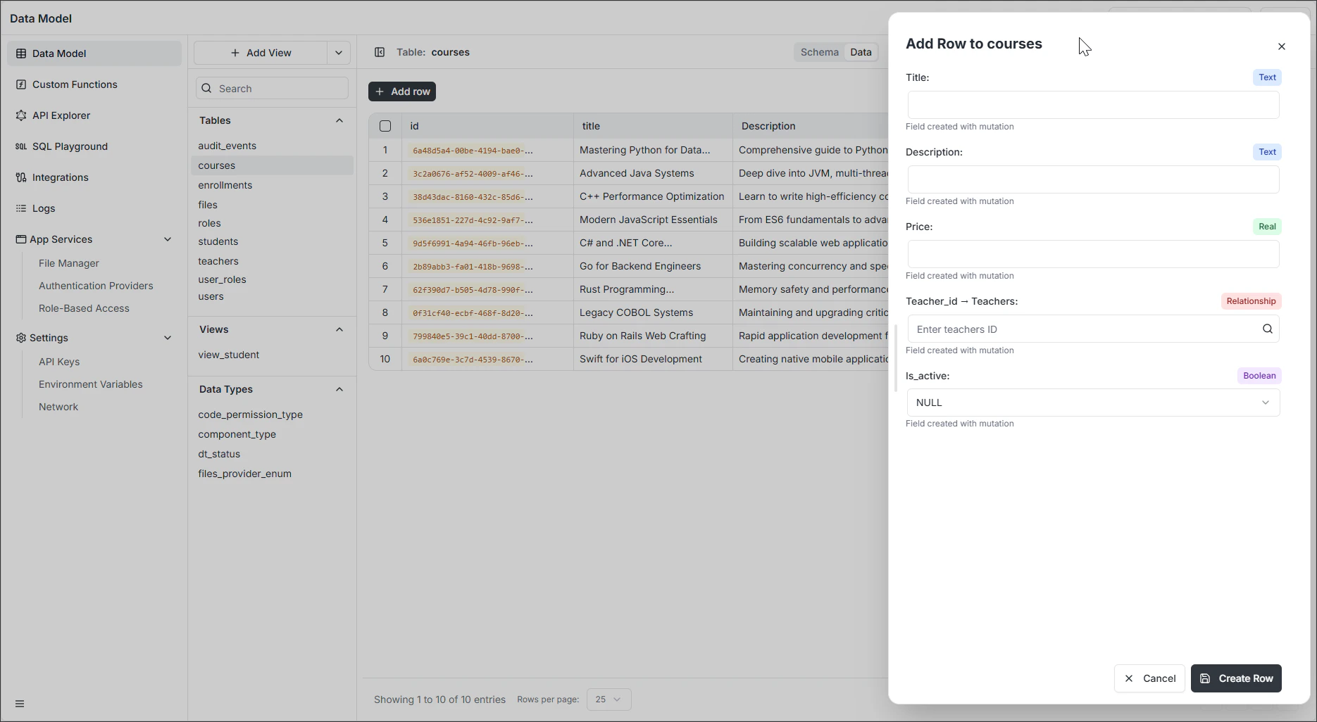 Add row form in Data Viewer