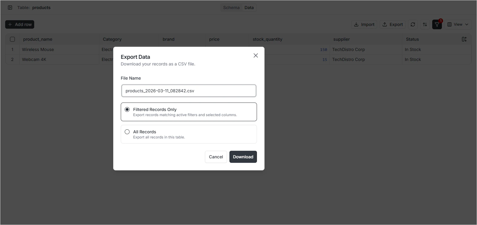 Select columns for export