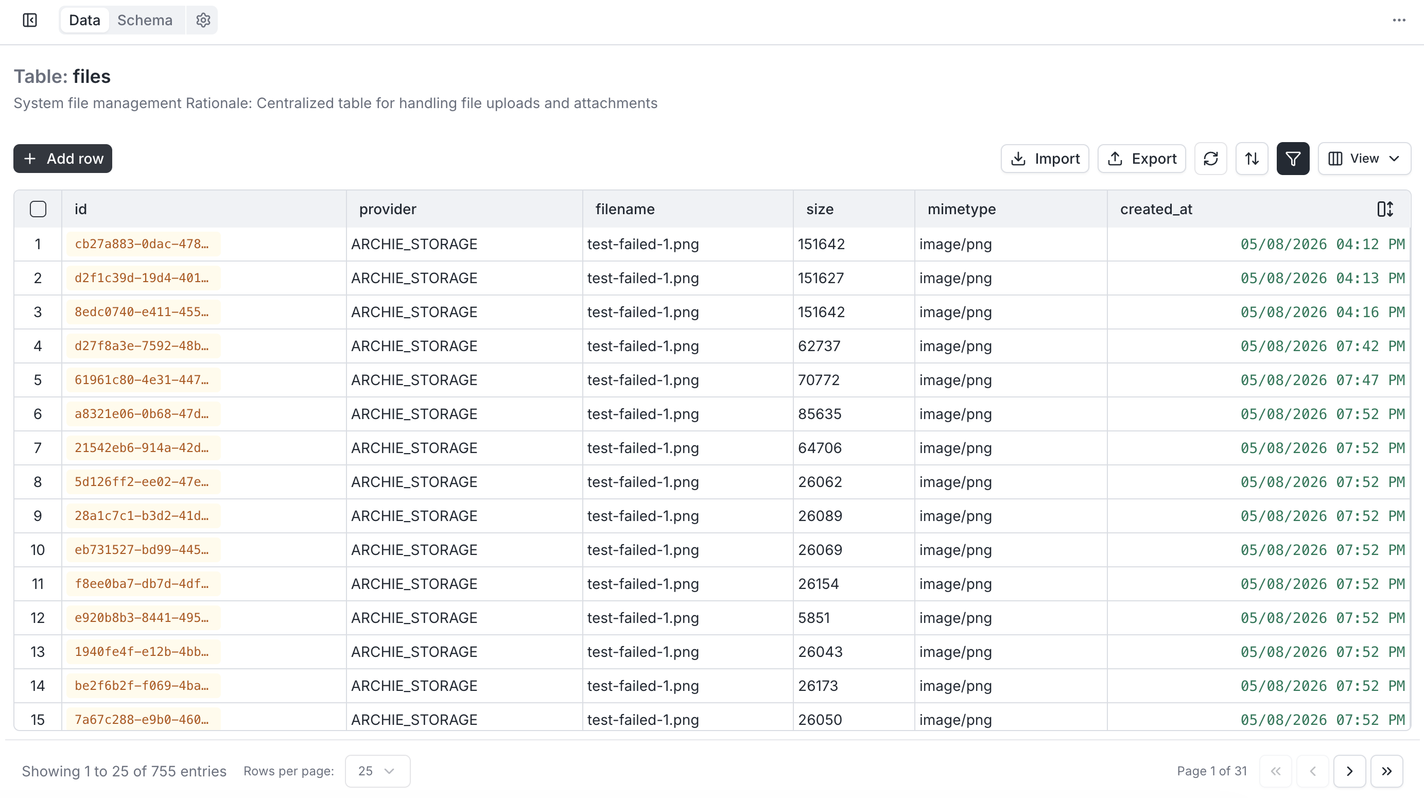 Files table record with upload metadata