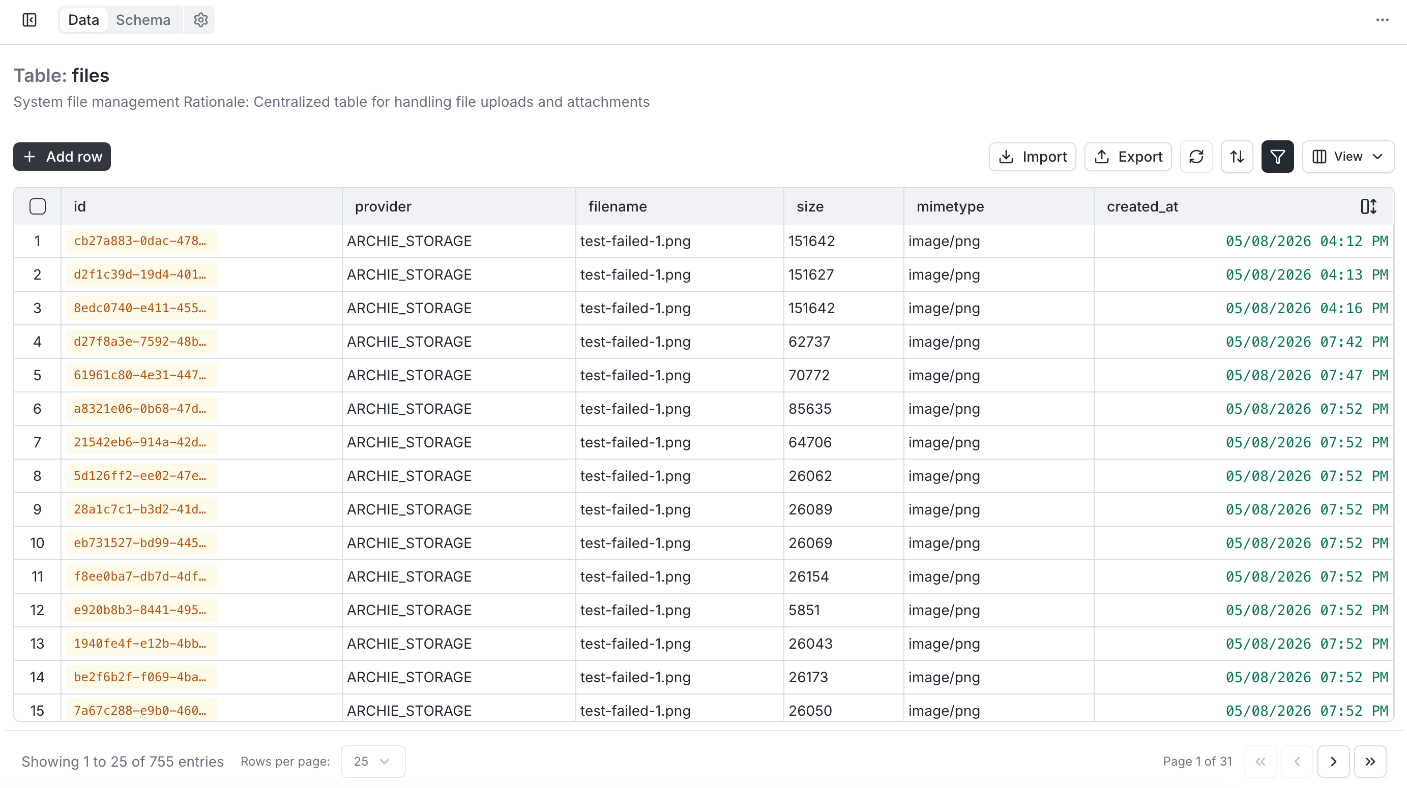 Files table record with upload metadata