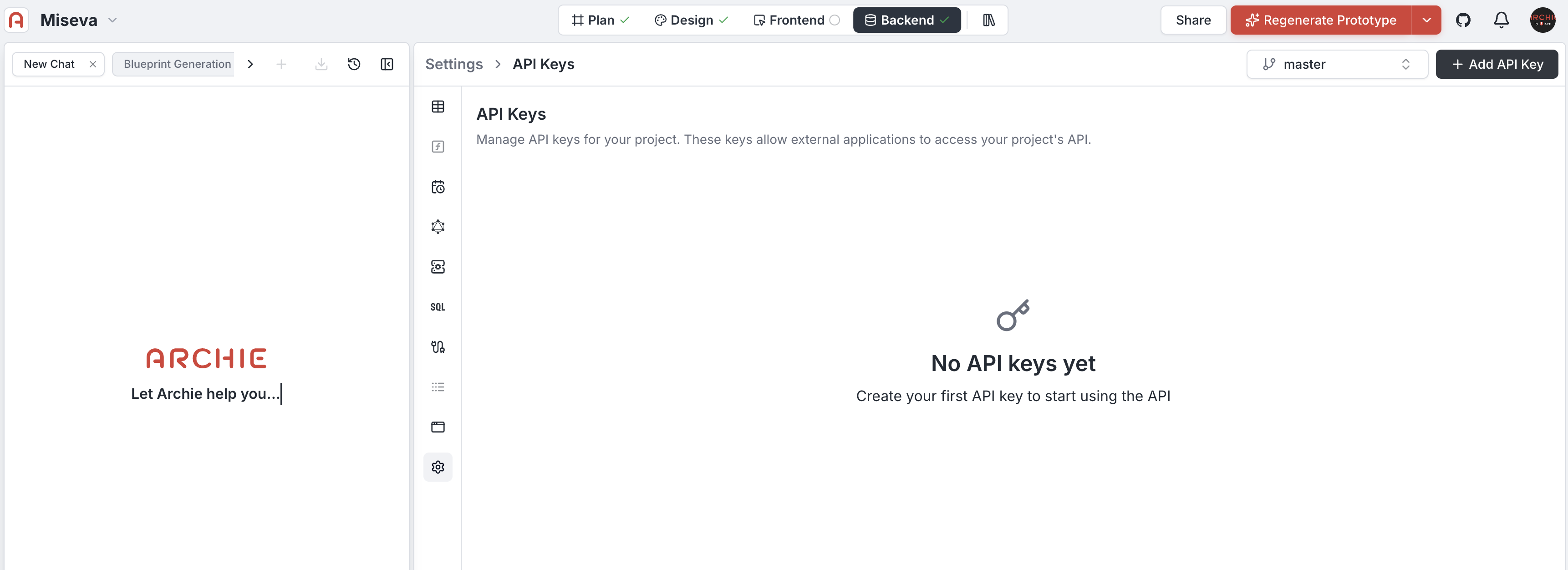 API Keys management panel