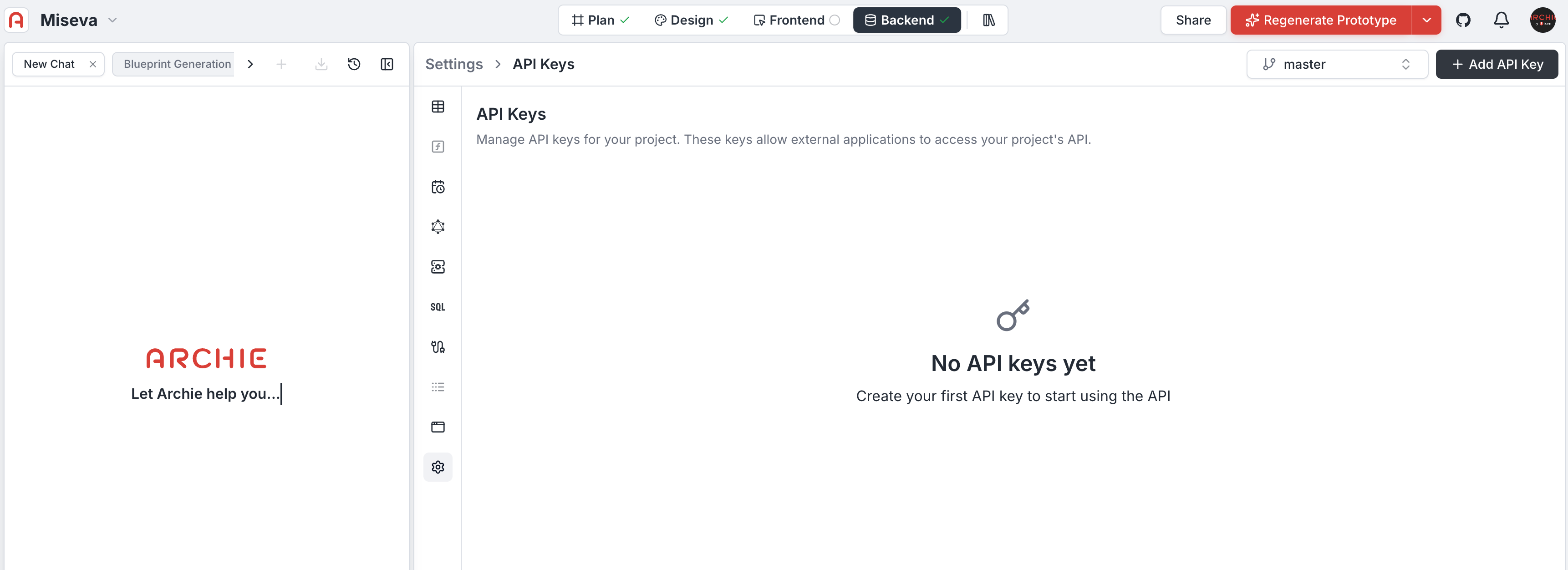 API Keys management panel