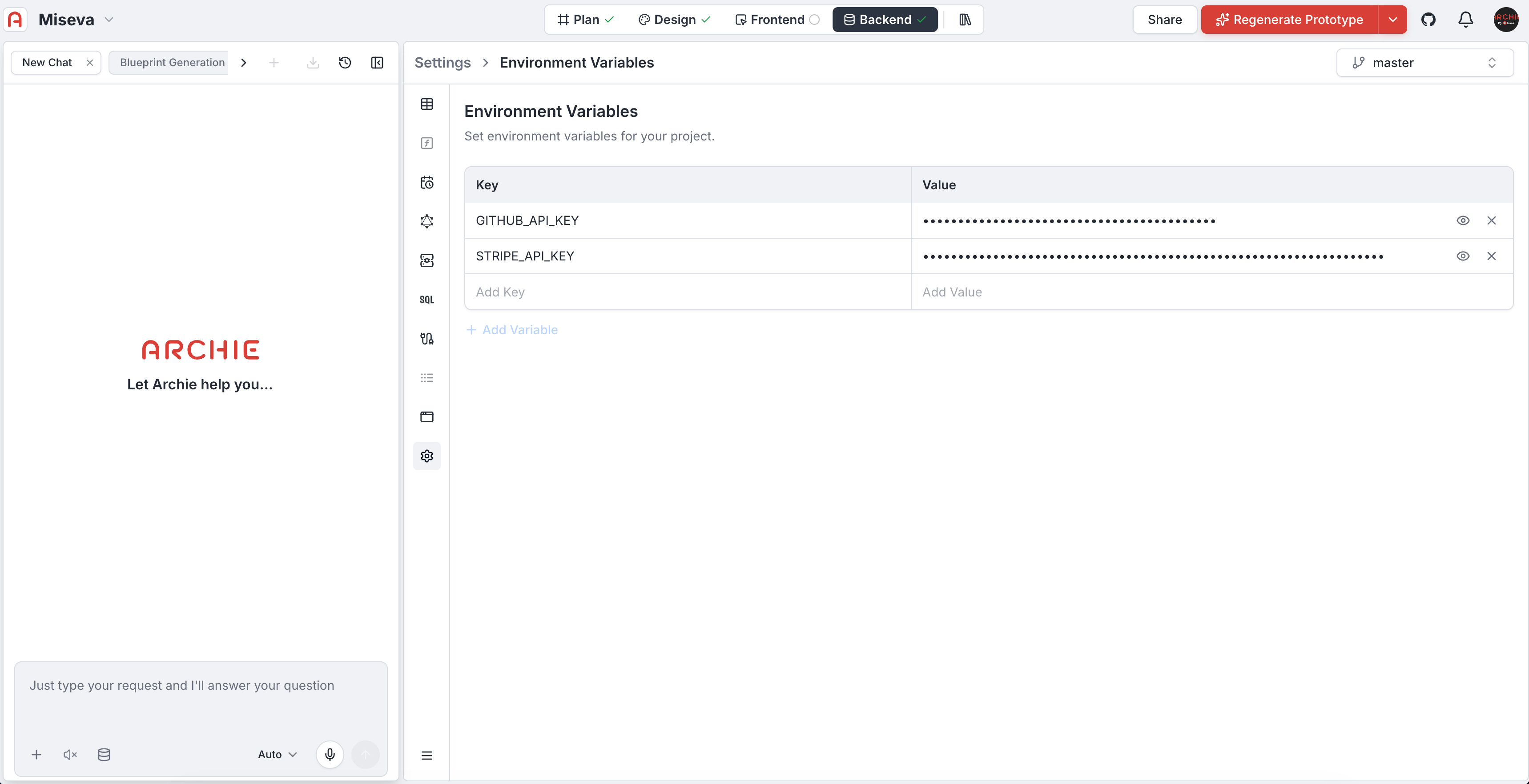 Environment variables page with several key-value rows