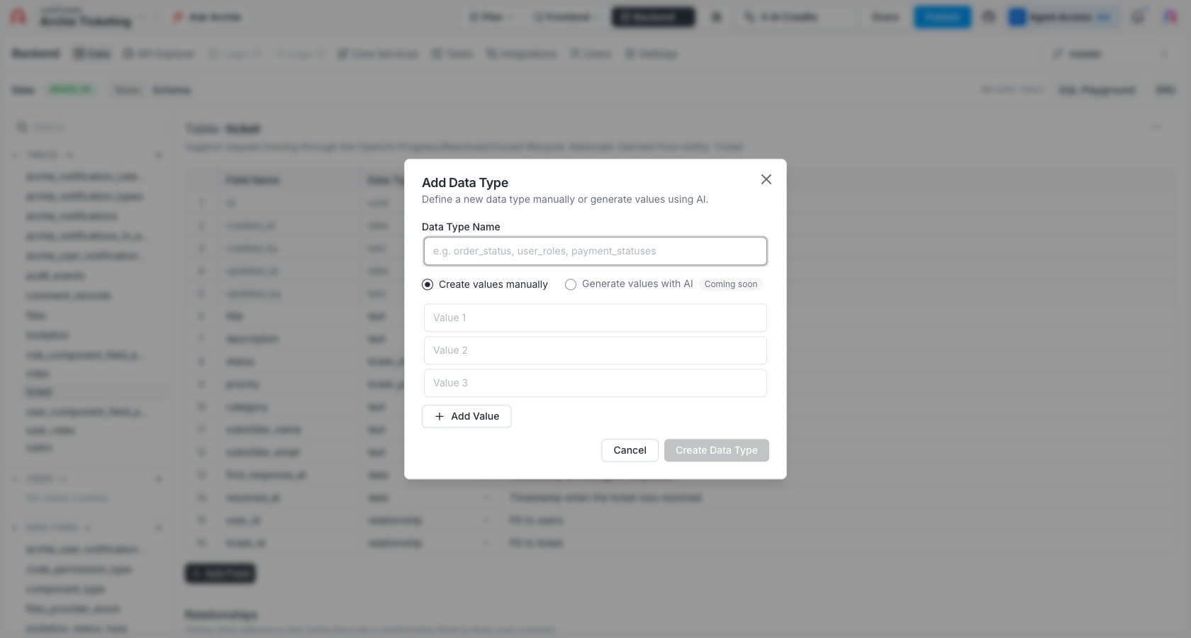 Add Data Type button and modal