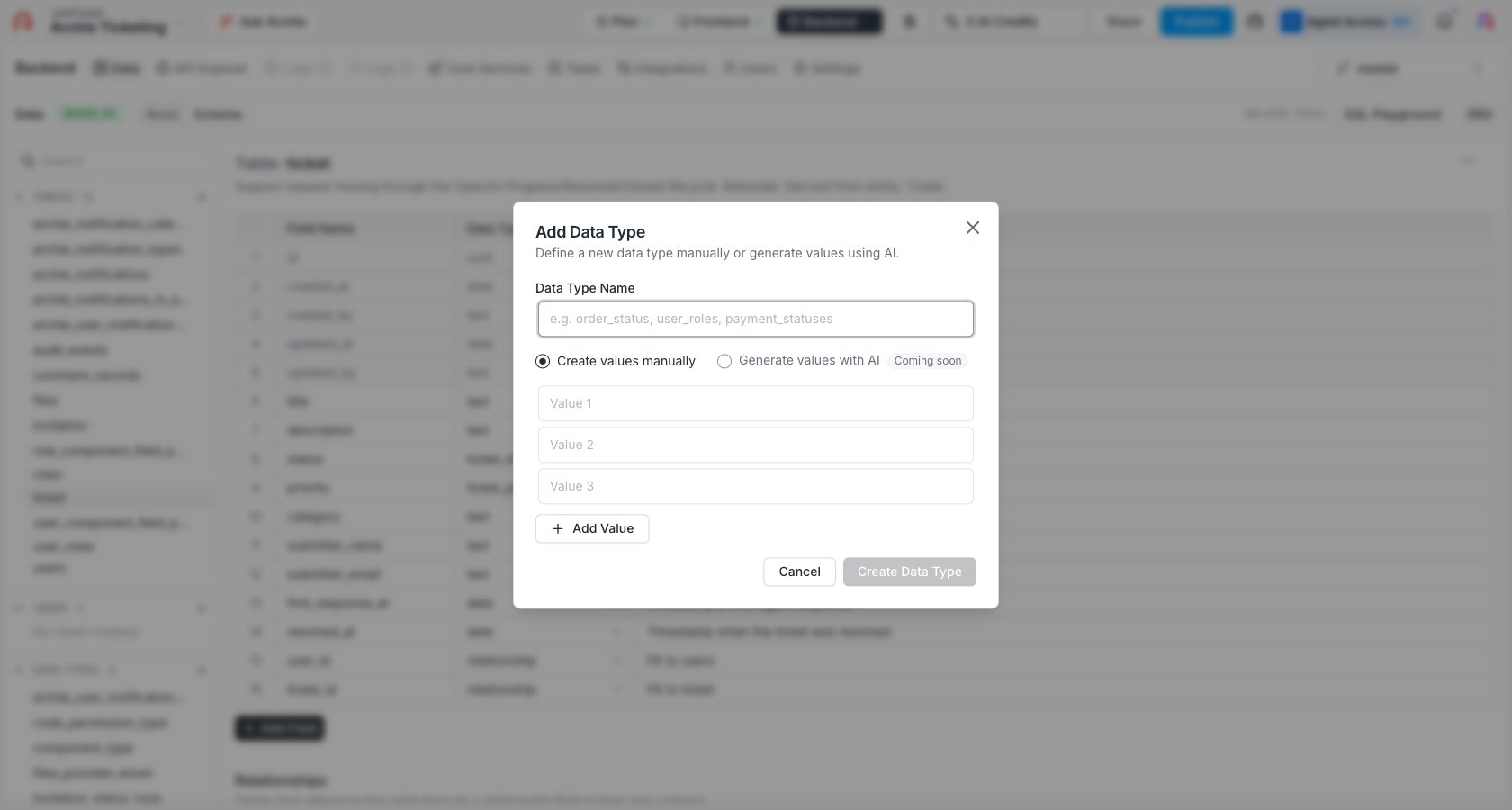 Add Data Type button and modal
