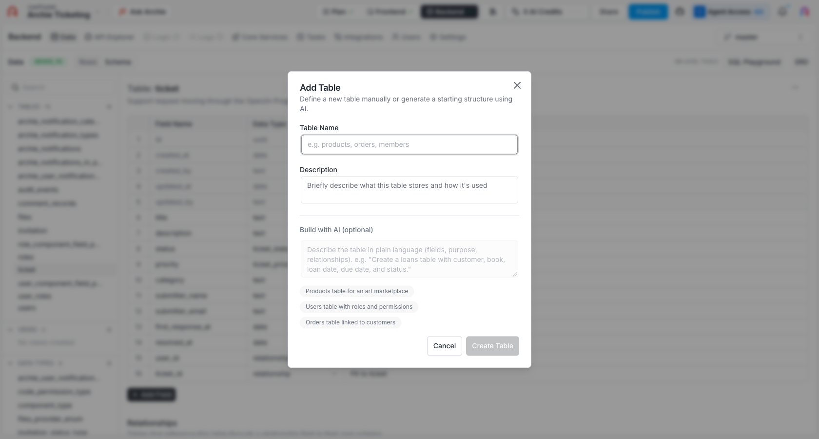 Add Table modal dialog
