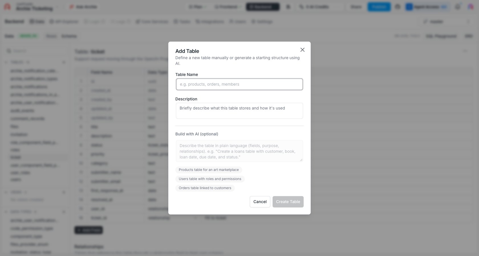 Add Table modal dialog