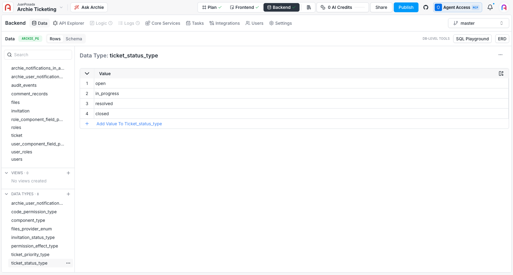 Data Type enum values configuration