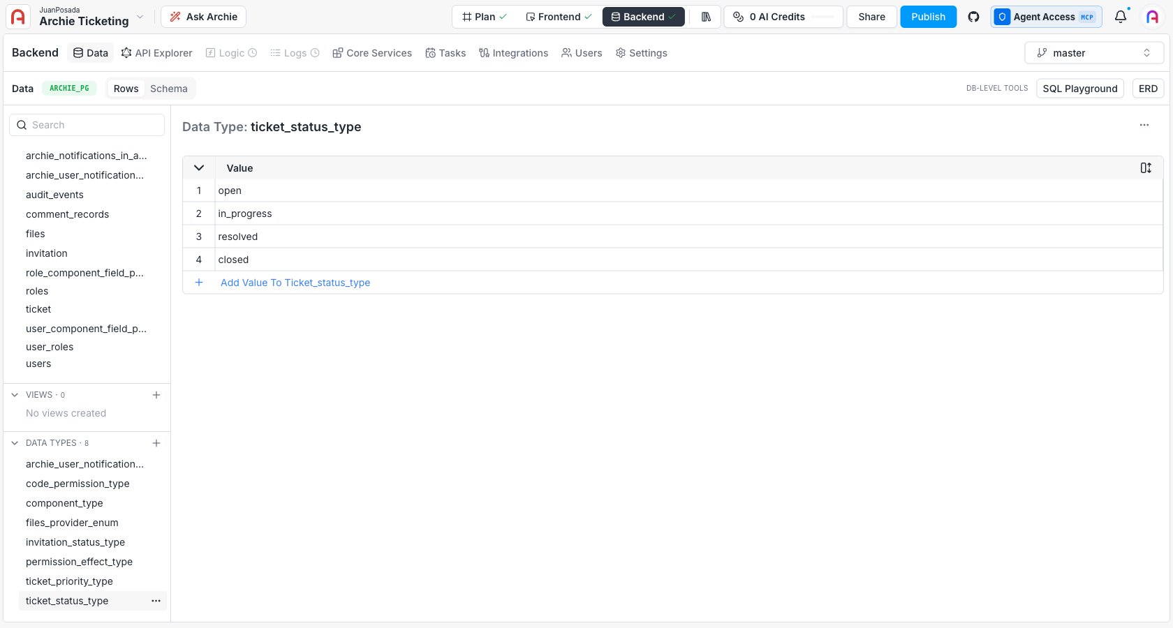 Data Type sidebar listing