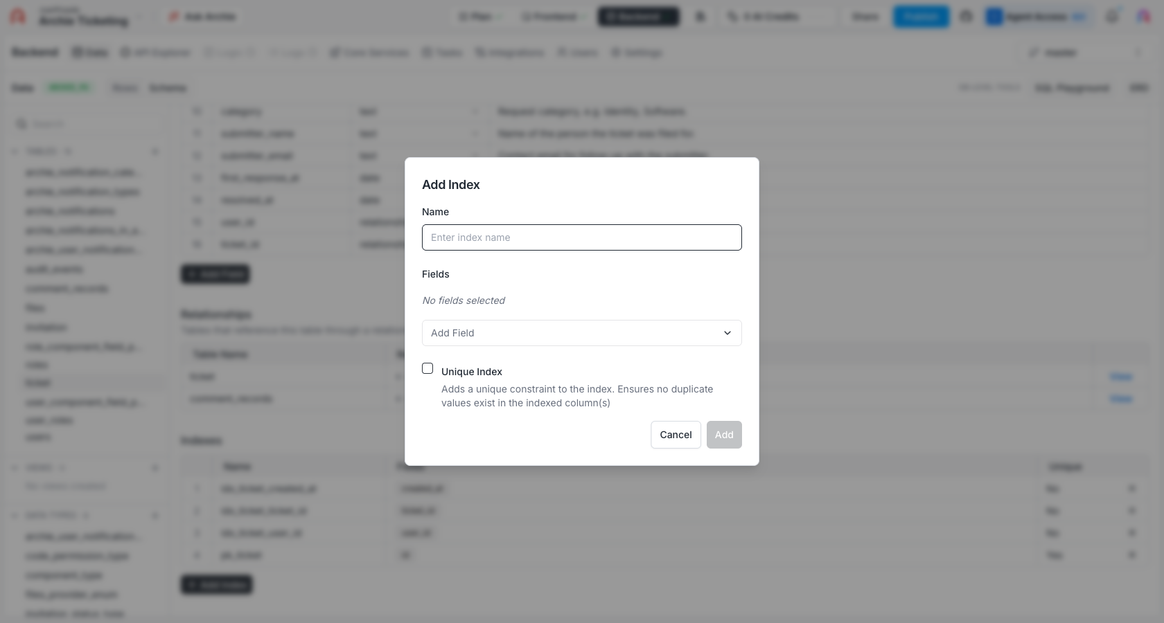 Index configuration dialog