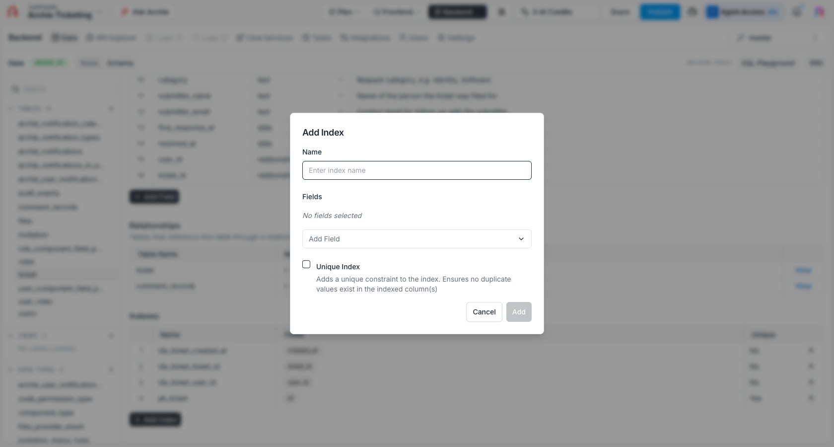 Index configuration dialog
