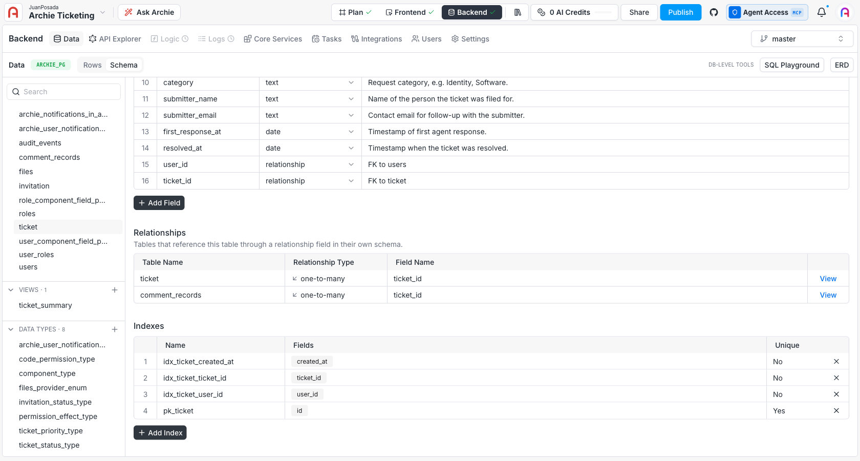 Table indexes panel