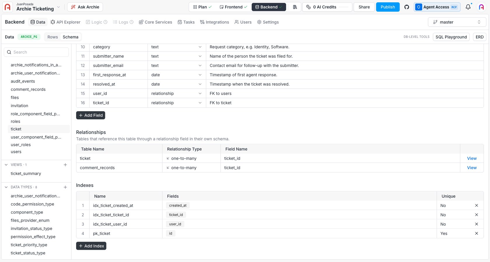 Table indexes panel