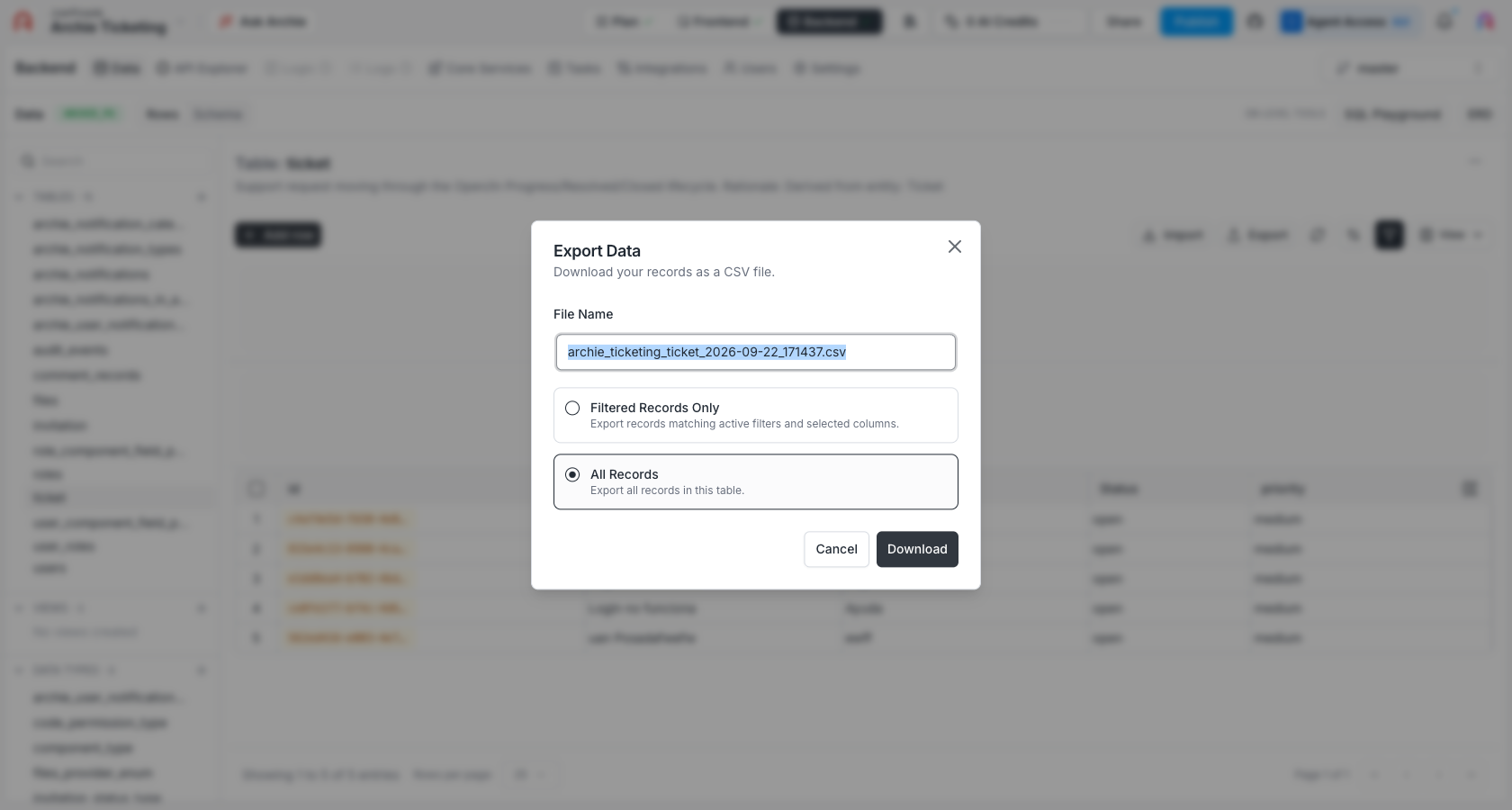Export Data dialog with File Name and a choice between Filtered Records Only and All Records