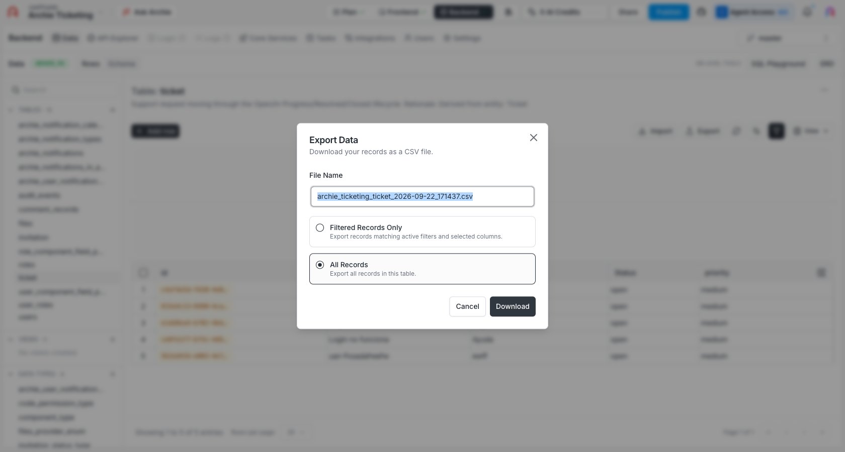 Export Data dialog with File Name and a choice between Filtered Records Only and All Records