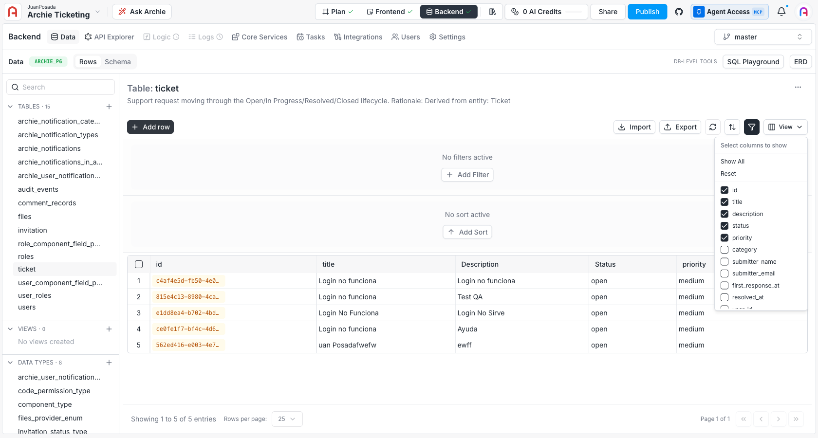 Select columns for export