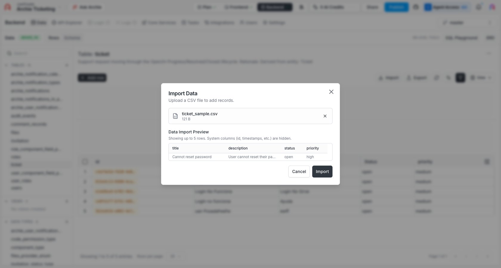 Data Import Preview showing the CSV rows matched to table fields