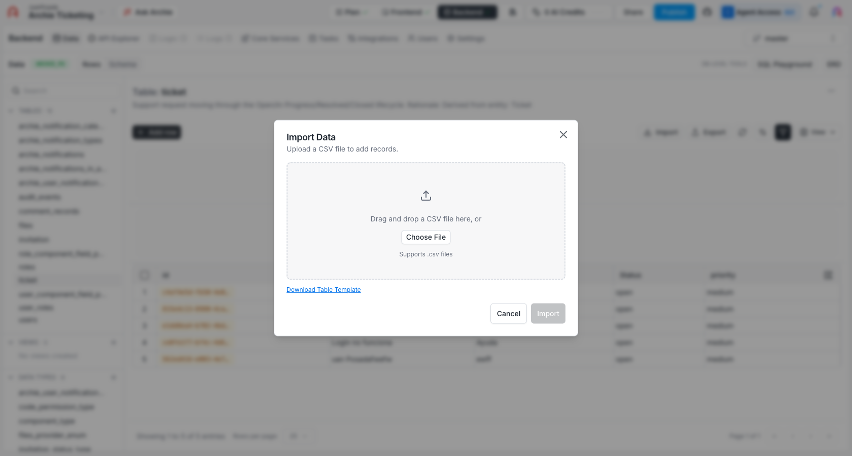Upload a CSV file to the Import Data dialog
